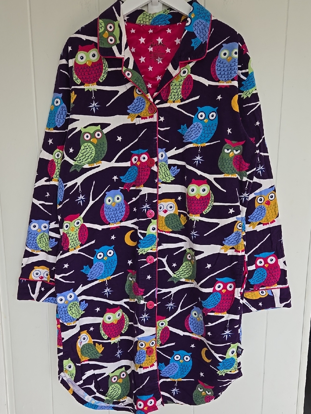Nick & Nora Women's  Purple Owls Flannel Long Sleeve Sleep Shirt Night Size M